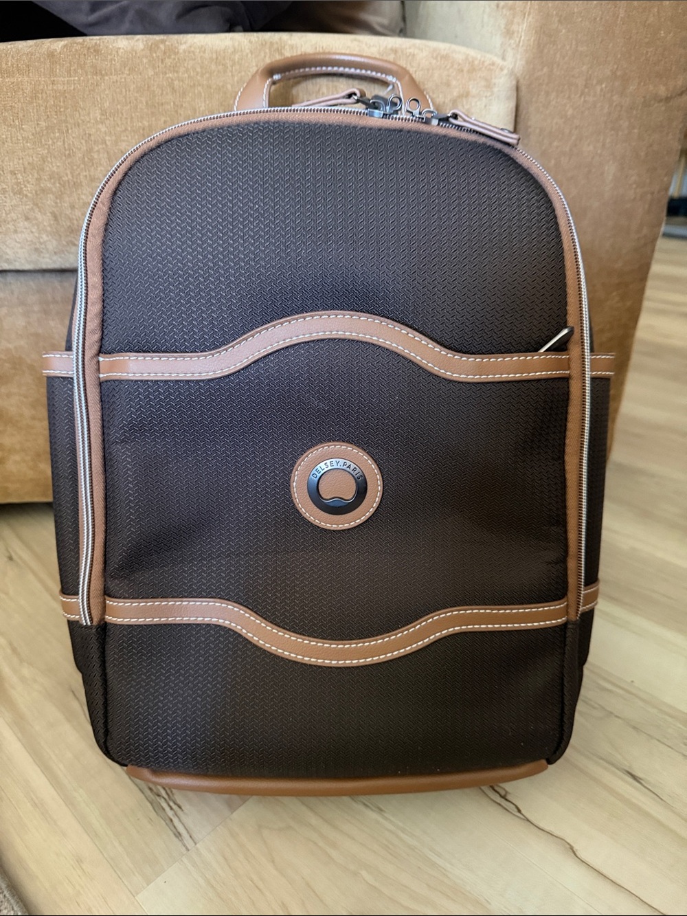 Delsey Paris Brown Travel Backpack with Contrast Trim
